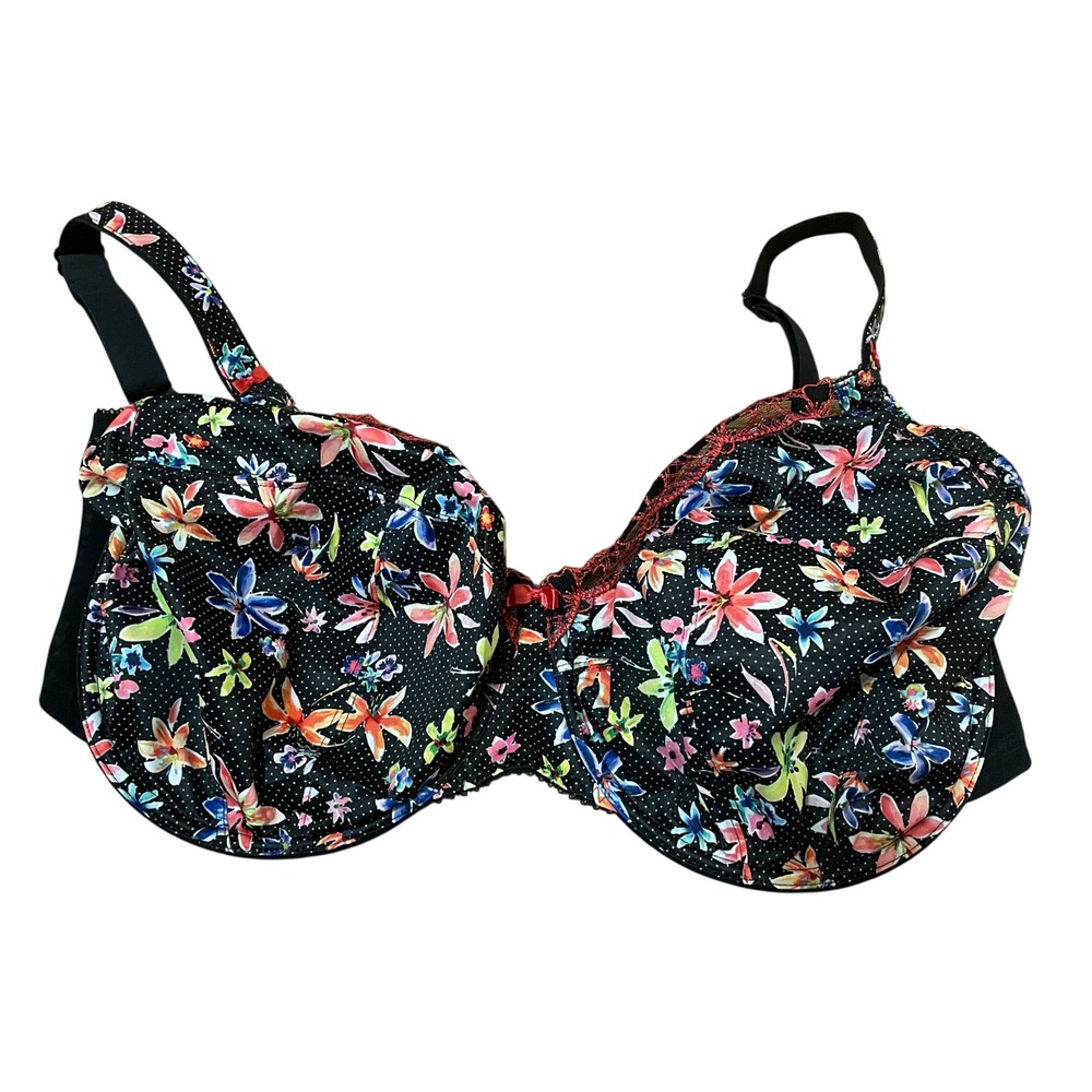 Elomi 34N Kim Underwire Plunge Bra Black Floral Polka Dot EL4070BLK Pin Up Sexy